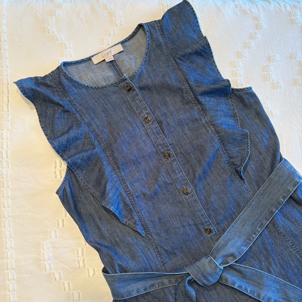LOFT Chambray Button-Front Belted Midi Dress Ruff… - image 4